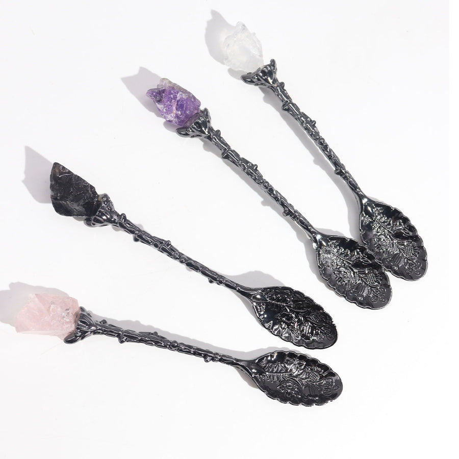 🌙 Set di 7 Cucchiaini Magici in Argento Scuro con Cristalli