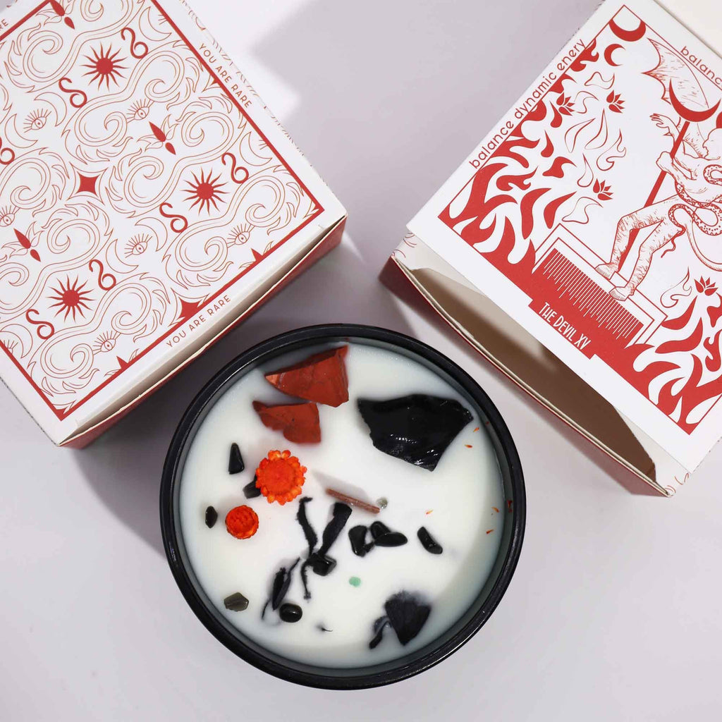 🔥 The Devil – Candela Magica con Cristalli di Agata Nera e Diaspro Rosso