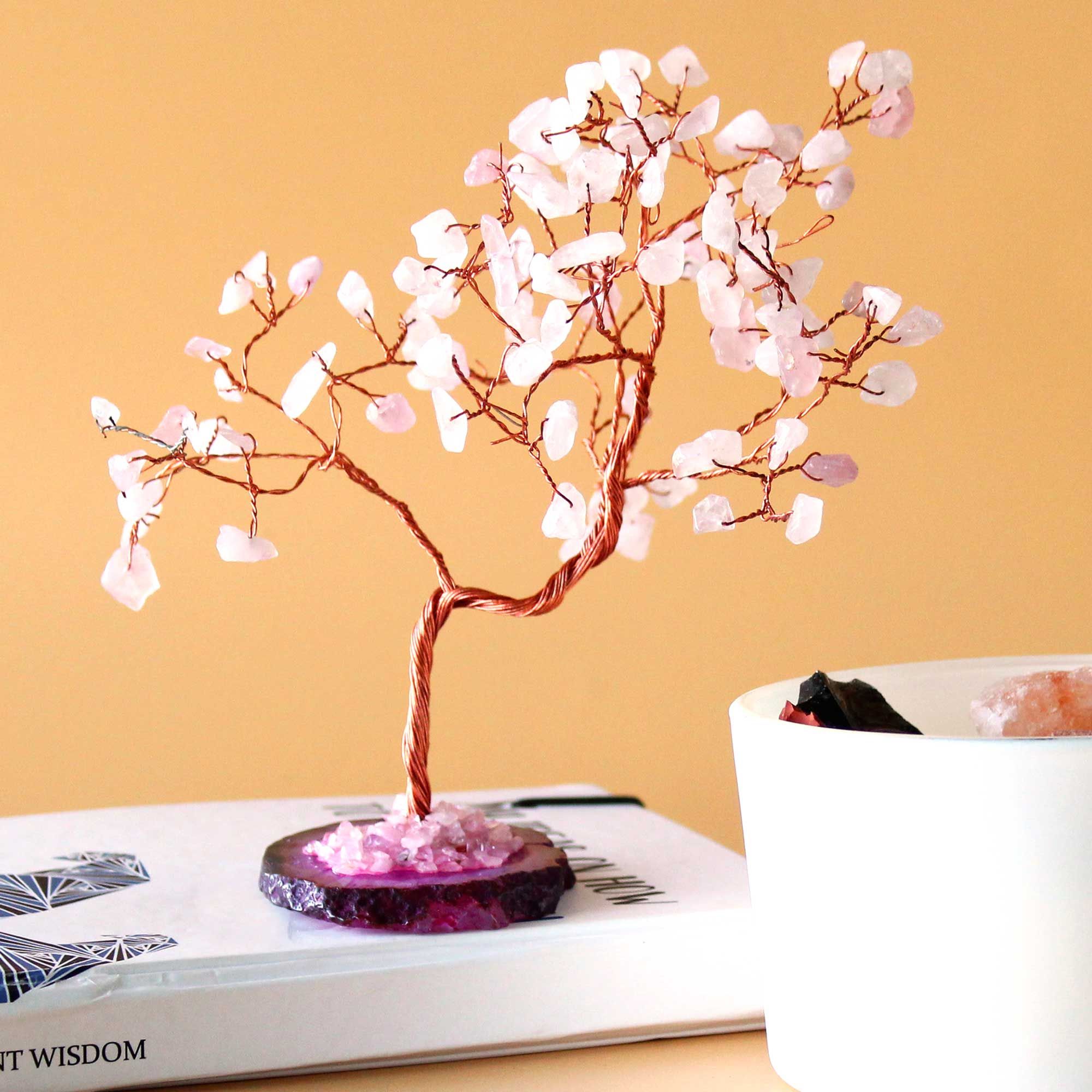 Albero di Pietre Preziose con 100 Quarzo Rosa – Base in Agata Rosa – Amore e Armonia