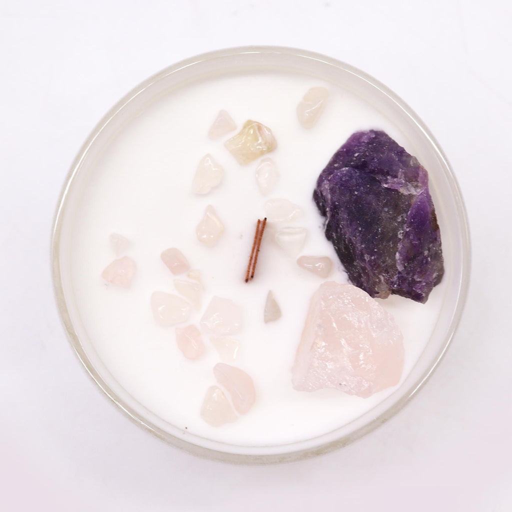 💜 Candela con ametista e quarzo rosa ✦ Chakra del Terzo Occhio ✦ Dolce e chiara verità (17h)